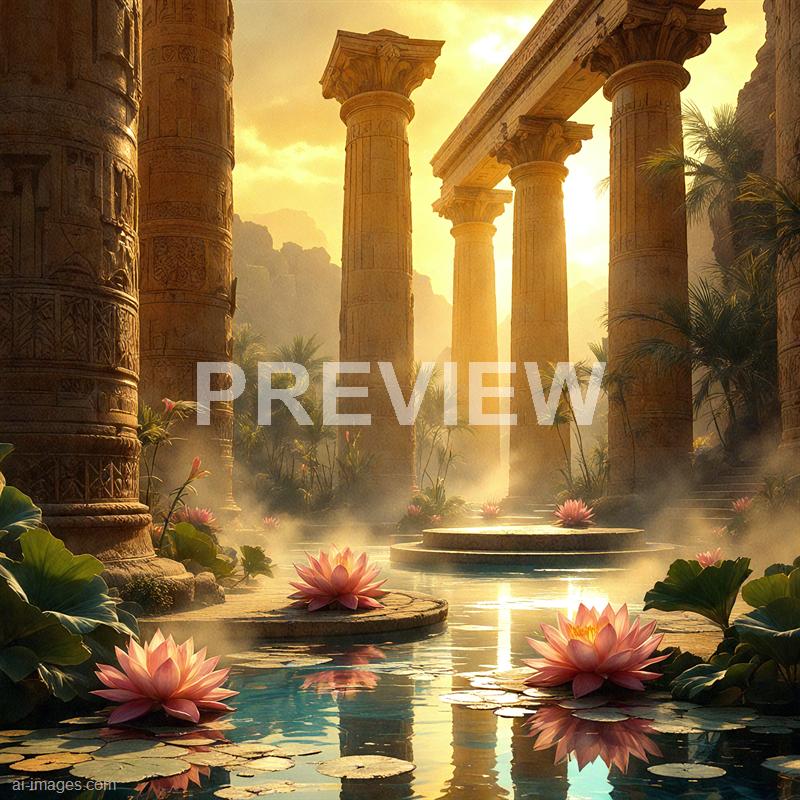 The image depicts an ancient ruin with towering, intricately carved stone columns that suggest a classical or Greco-Roman architectural style. The columns are partially surrounded by lush greenery, including large leafy plants and blooming pink water lilies floating on a tranquil pool of water in the foreground. The scene is bathed in warm, golden sunlight, creating a mystical and serene atmosphere with mist rising from the water and the mountains visible in the background.